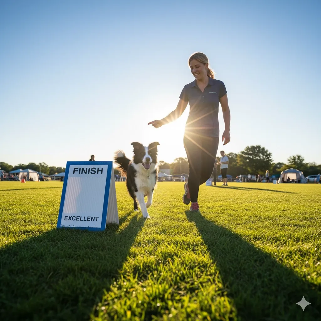 Binomio cane-conduttore che affronta con entusiasmo un percorso di Rally Obedience a Roma.