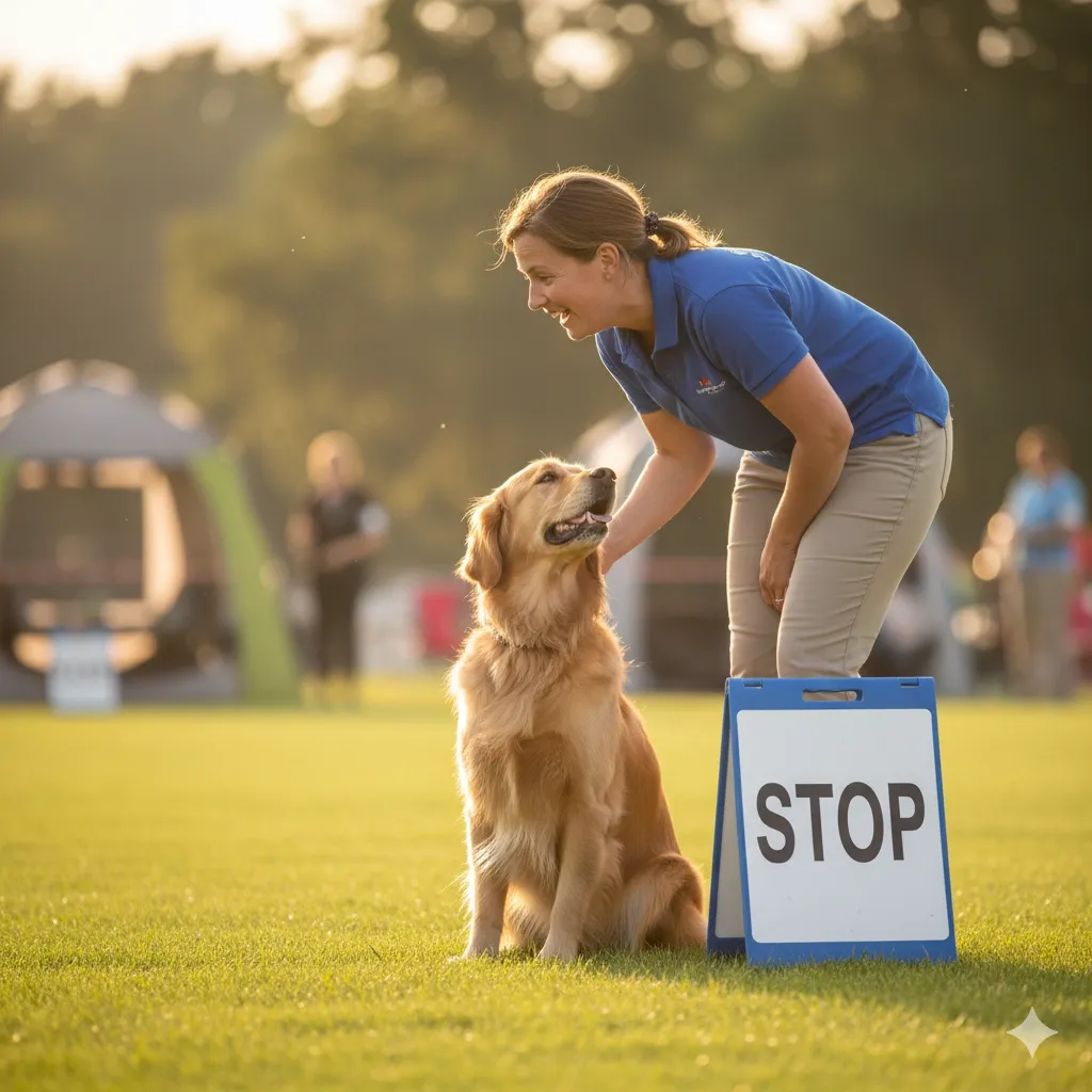 Conduttore che incoraggia verbalmente il proprio cane durante un esercizio di Rally Obedience, dimostrando l’importanza della comunicazione.