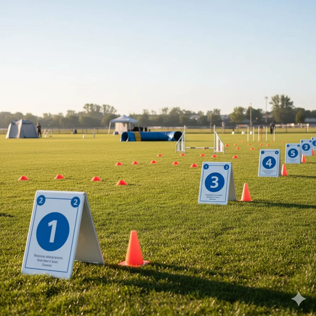 Campo di addestramento per Rally Obedience a Roma, con cartelli e spazio per l’allenamento.